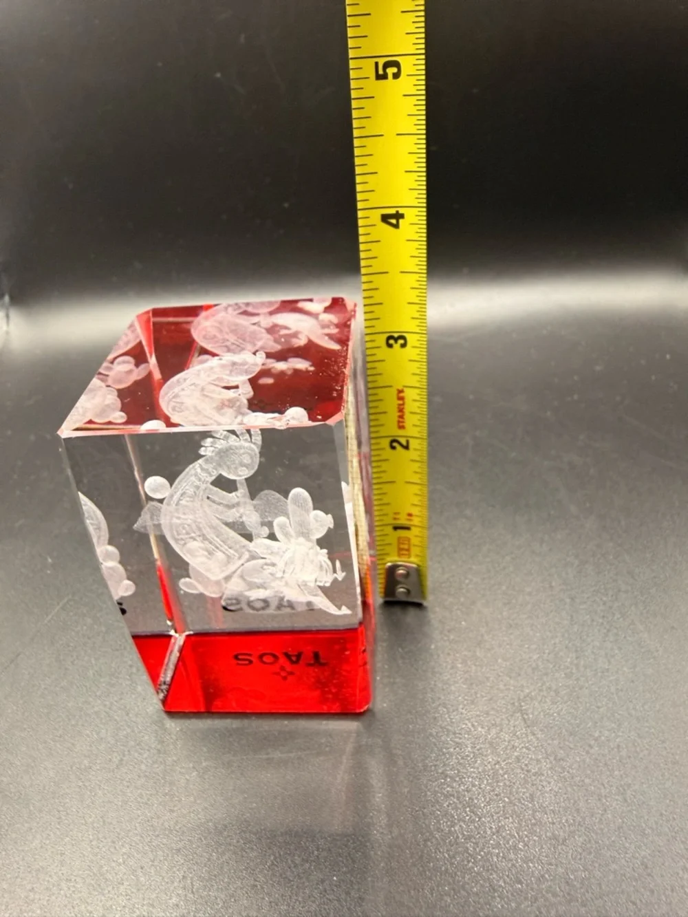 Taos Red and Clear Etched Kokopelli Glass Accent Paperweight 3D